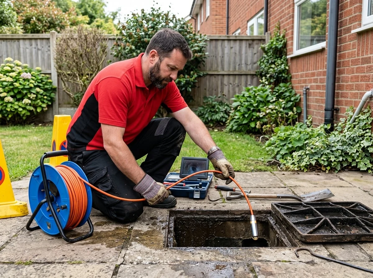 Chiswick Plumbers 247 engineer using a CCTV drain camera to inspect a blocked drain in Chiswick