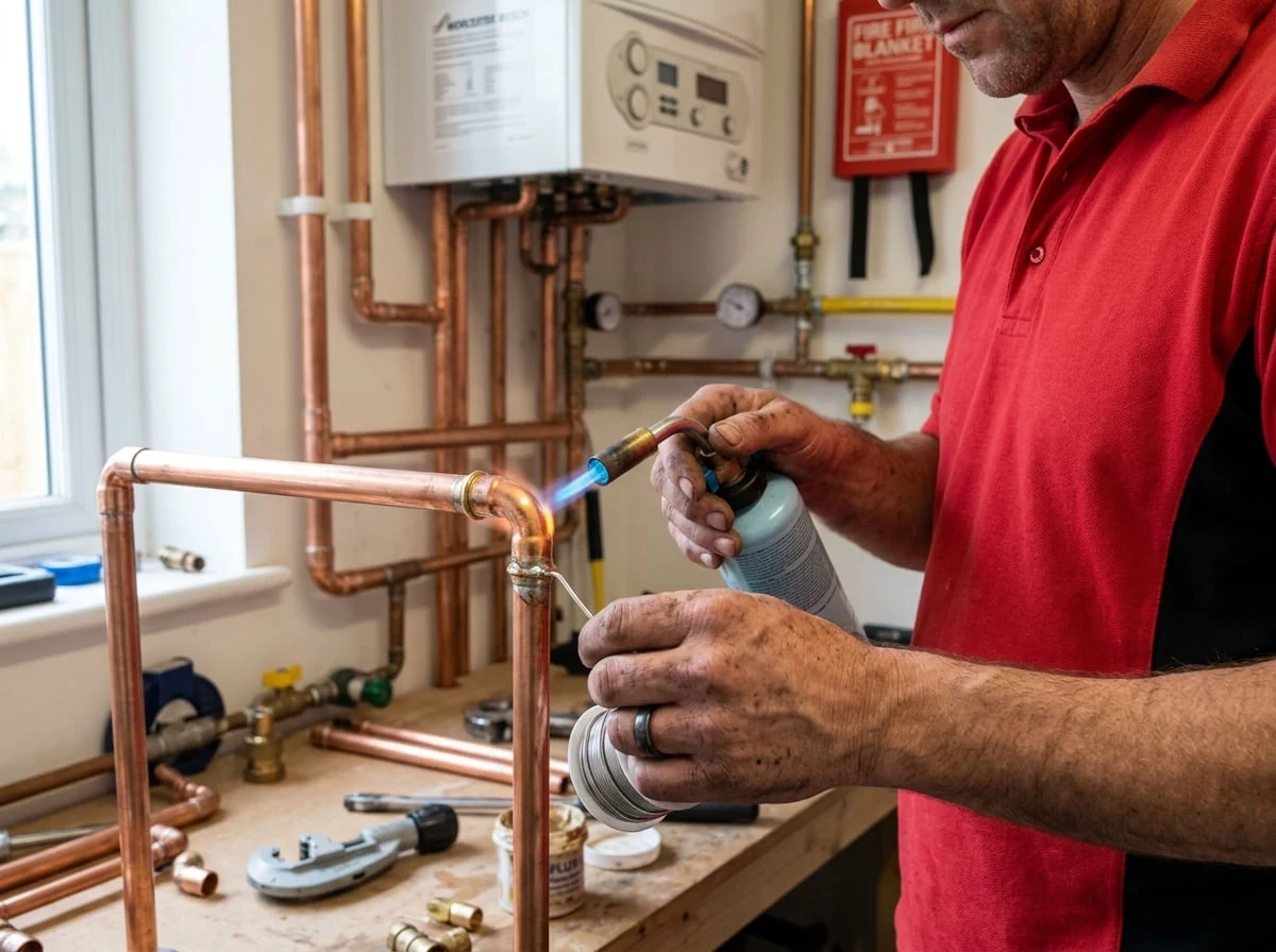 Chiswick Plumbers 247 engineer soldering copper pipe fittings for a new boiler installation in Chiswick