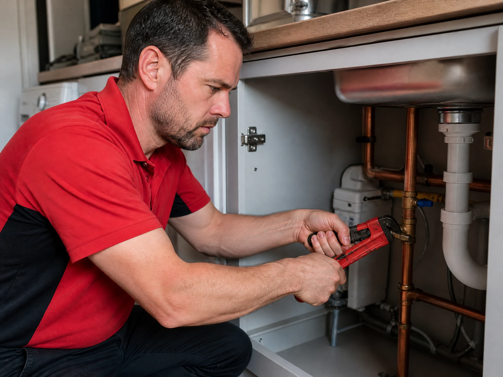 Chiswick Plumbers 247 engineer tightening a stopcock under a sink during an emergency plumbing repair in Chiswick